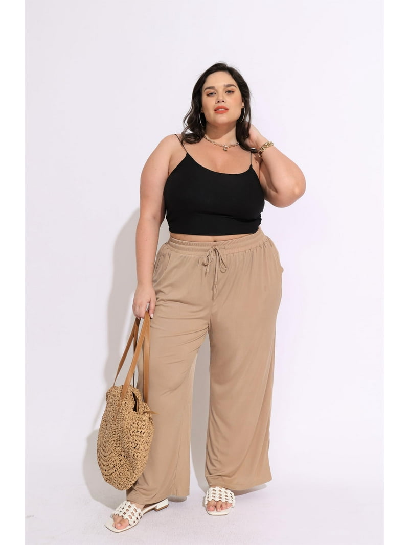 TIYOMI Plus Size Wide Leg Pants for Women Khaki Elastic High