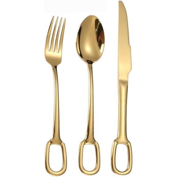 ABPETE Kitchen Circular Hanging Hole Handle Stainless Steel Silverware Tableware Flatware Cutlery Set Steak Knife Fork Spoon Teaspoon (Gold,3 pieces)