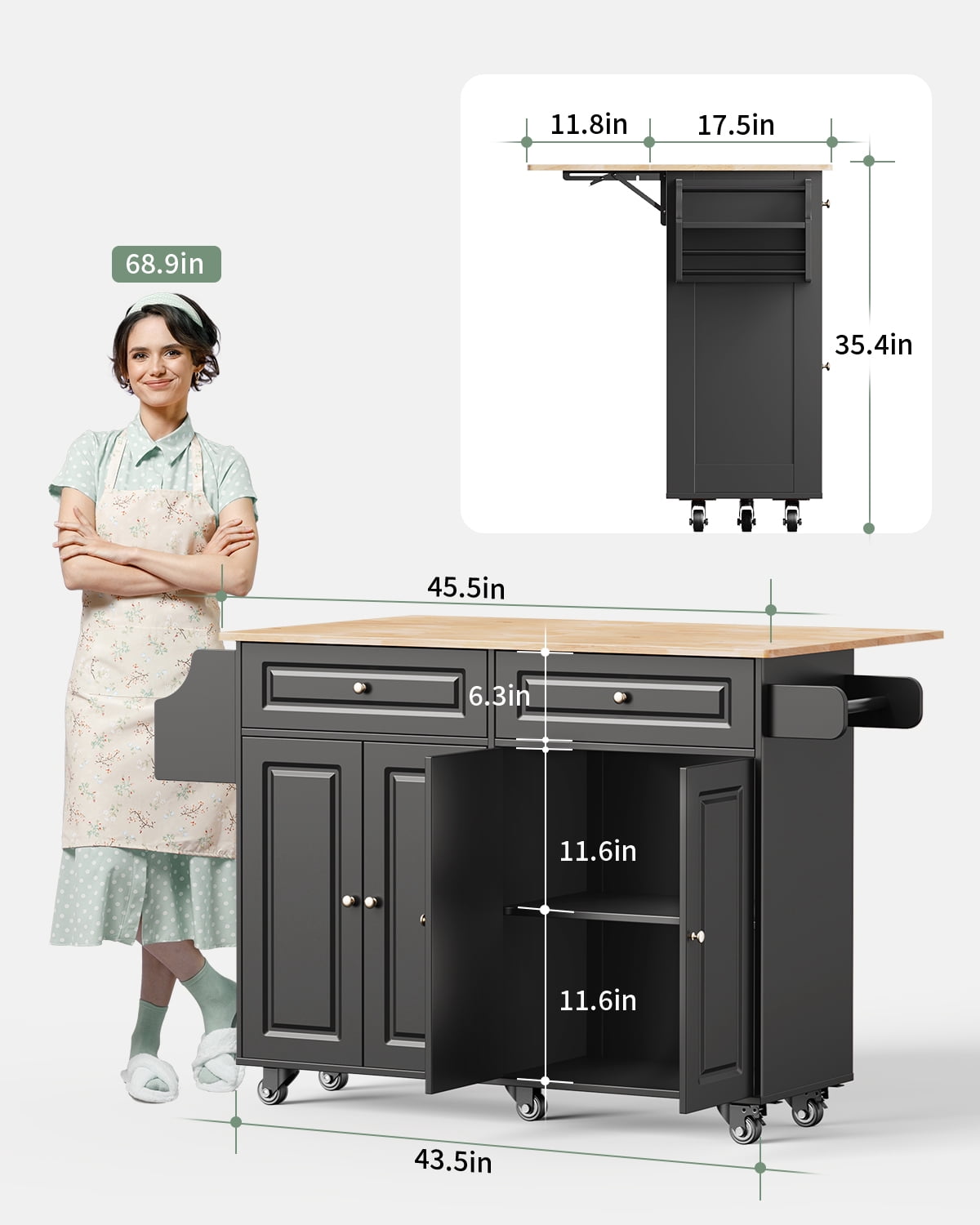 Aiho 45.5'' Kitchen Island Cart with Storage , Rolling Kitchen Island with Folding Drop Leaf Breakfast Bar for Dining Room, Black
