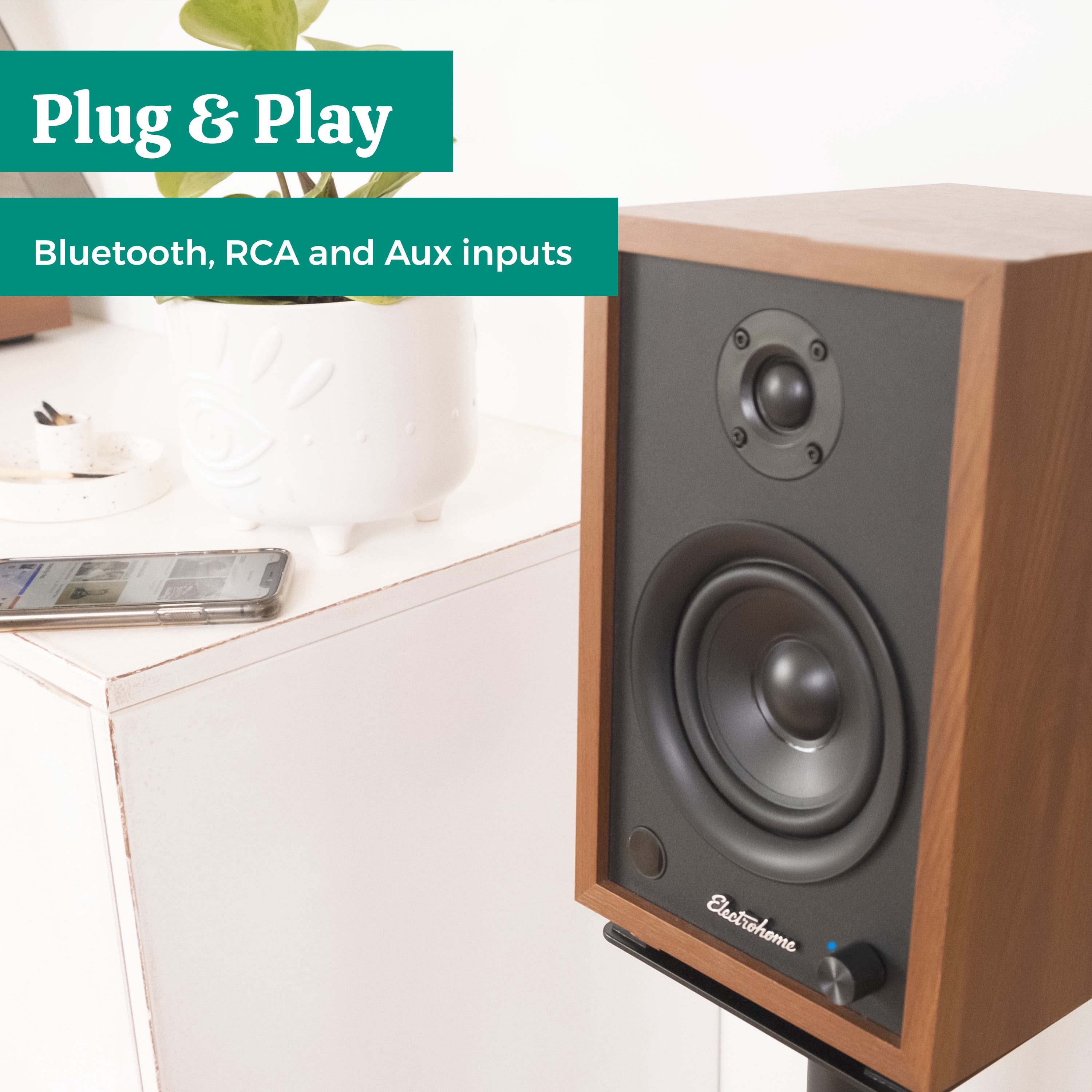 Electrohome McKinley 2.0 Stereo Powered Bookshelf Speakers with Built-in Amplifier and 4" Drivers for Turntable, TV, PC and Wireless Music Streaming featuring Bluetooth 5, RCA and Aux (EB30)