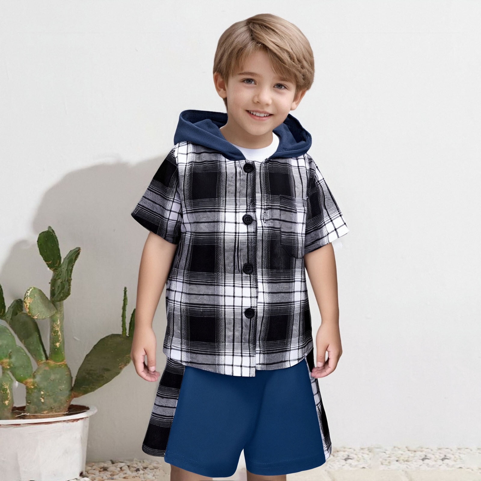 Kids Boy Clothes Plaid Short Sleeve Button Down Shirt Shorts Set