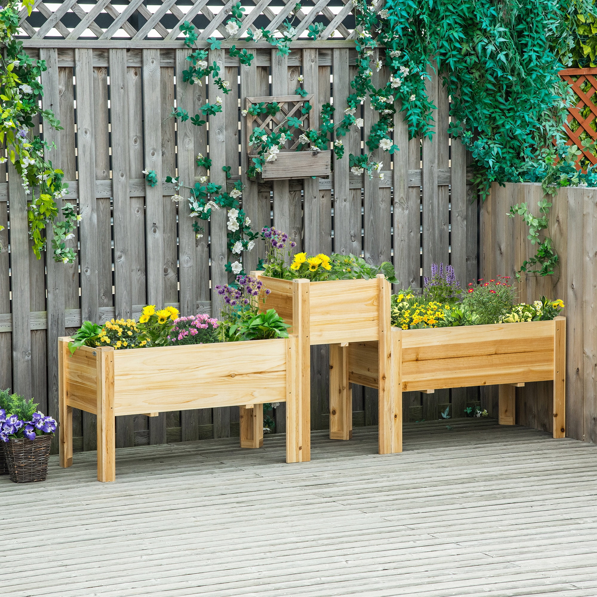 Garden Pots Outsunny Raised Garden Bed Set of 3, Wooden Elevated Planter Box with Legs and Bed Liner, for Backyard and Patio to Grow Vegetables, Herbs, and Flowers, Natural,Outdoor Garden Planters