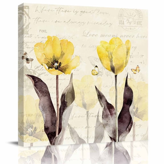 Retro Flowers Framed Canvas Wall Art, Yellow Tulip Brown Leaf Butterfly Beige Letter Wall Art Painting for Living Room Bedroom Home Decor, 16”x16”, Office Artwork Print