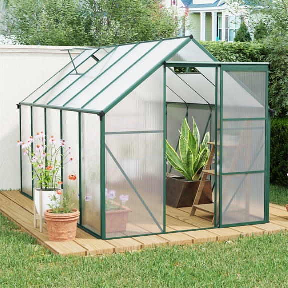 6X10 FT Outdoor Greenhouse, Holaki Polycarbonate Walk-in Greenhouse w/Sliding Door, Rain Gutter & Aluminum Frame, Heavy Duty Outdoor Green House with Window