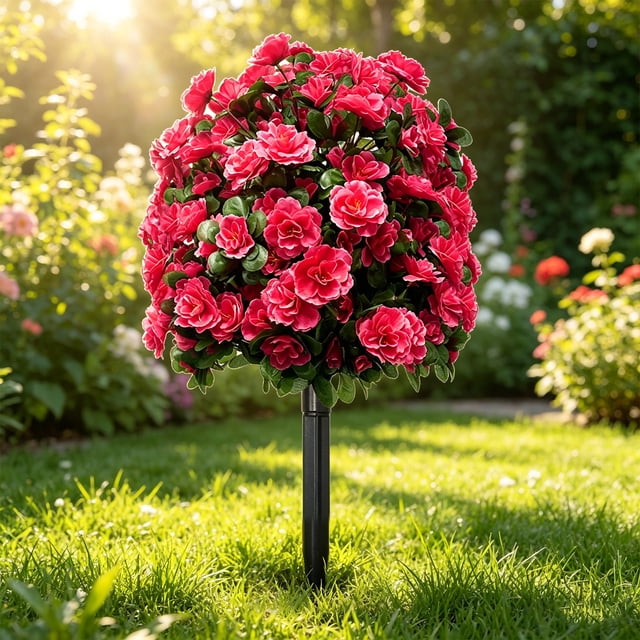 ZZkhGO Artificial Rhododendron Tree, Outdoor Decorative Faux Flowers, Weather-Resistant Fake Stake with Realistic Appearance for Party Wedding Scene Arrangement, Hot Pink