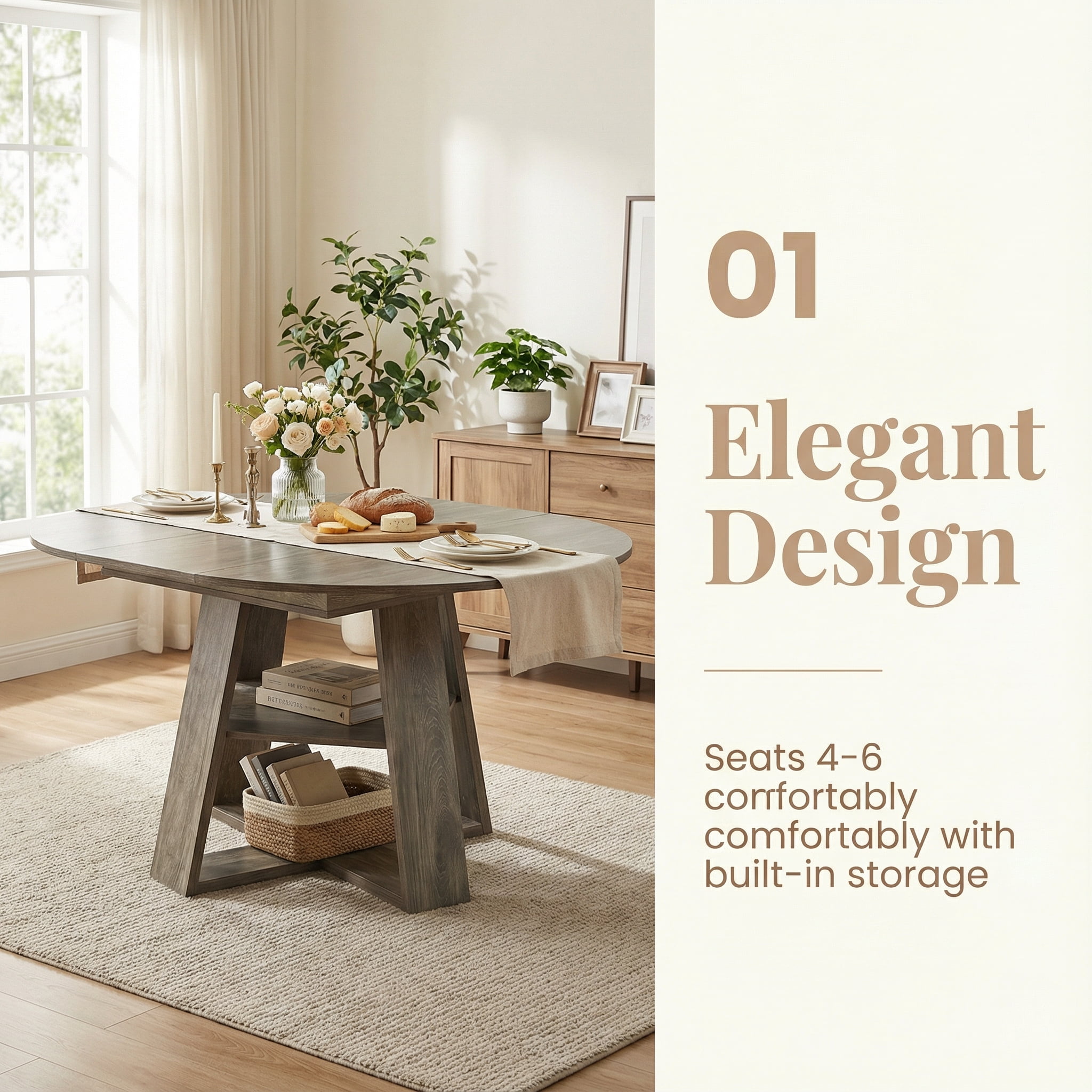 Extendable Dining Table for 2-8, Round to Oval Kitchen Table with Storage Shelf, Thick MDF, Cross-Shaped Base, 43.3 to 59-Inch Length, 300 Lbs Capacity, for Dining Room Kitchen Living Room, Natural