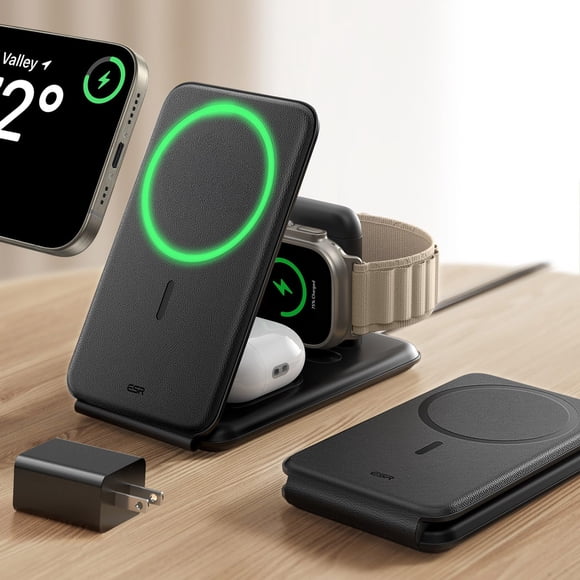 ESR Station de Recharge 3 en 1 pour Apple, Chargeur Apple Watch Certifié, Support de Chargeur MagSafe 15 W pour iPhone, Chargeur de Voyage pour iPhone 17/16/15/14/13,
