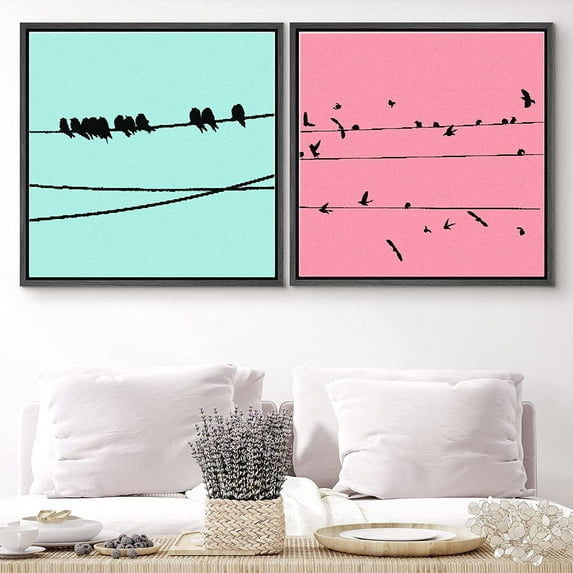 PixonSign Framed Wall Art Print Set Birds on Teal and Red Backgrounds Nature Wilderness Digital Art Modern Art Chic Group Colorful Multicolor Ultra for Living Room, Bedroom, Office - 24"x24"x2 Black