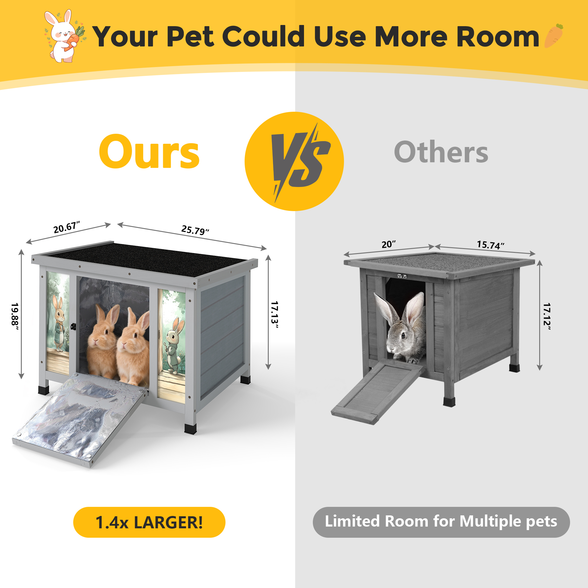 24'' Heated Small Rabbit Hutch for Winter, Cat House Outdoor Indoor with Warm Liner, Waterproof Structure, Suitable for Cats, Rabbits, Small Pets (Grey)