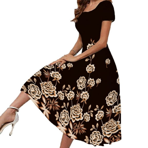 Ichaunyi Summer Dresses Women's Short Sleeve Round Neck Casual Fashion Party Daily Elegant Printing Dress