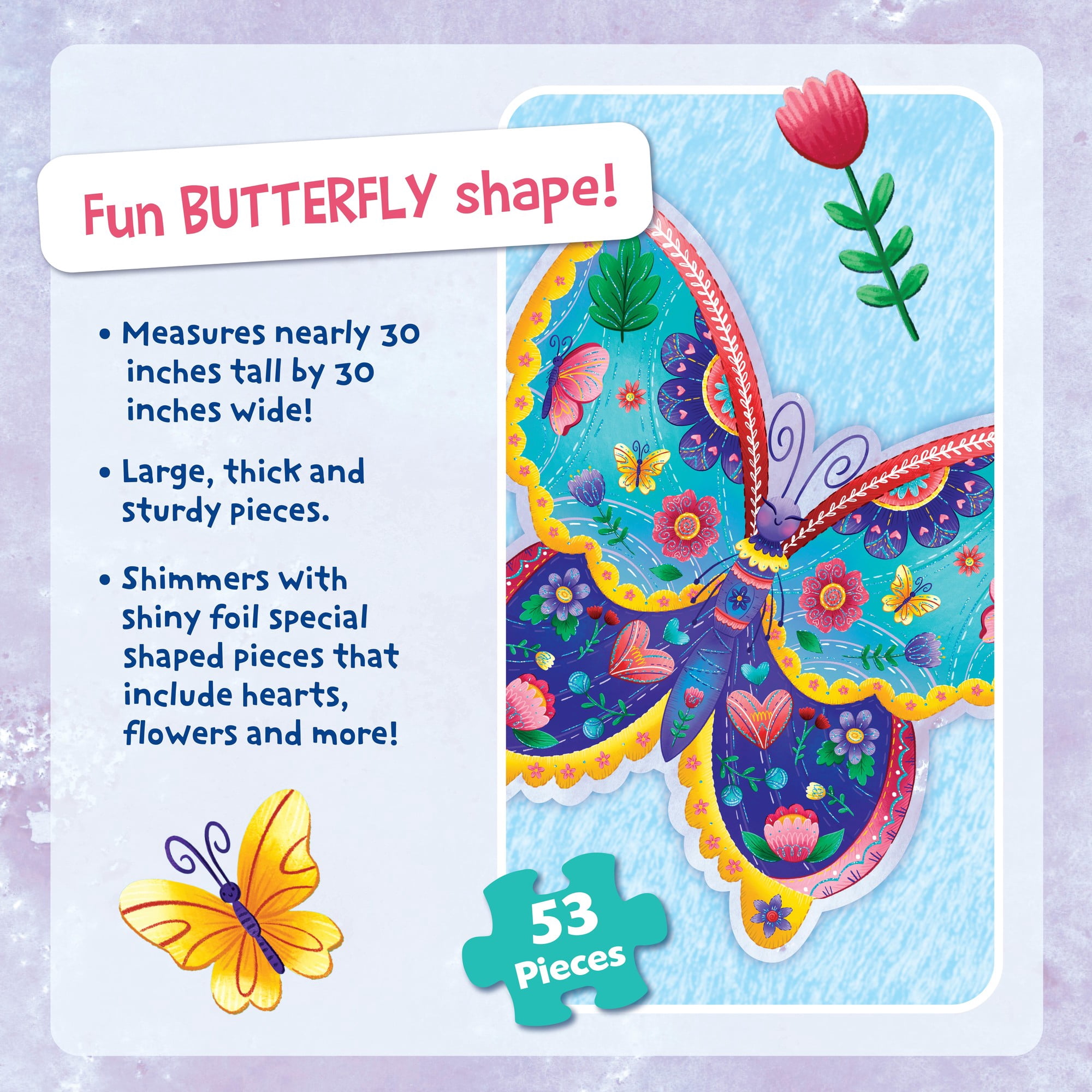 Peaceable Kingdom Shimmery Butterfly Floor Puzzle , 53 Foil Accented Pieces that Measure Over 3’ Wide Floor Puzzle for Kids