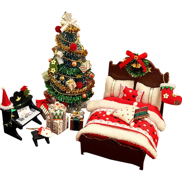 Diy Kit De Casa De Muñecas En Miniatura De Navidad Realista 3D House Room Craft Con Cama Edredón Almohada Luces De Piano Guirnalda De Navidad Árbol De Navidad Regalo De Navidad Cateissary HA039047-00