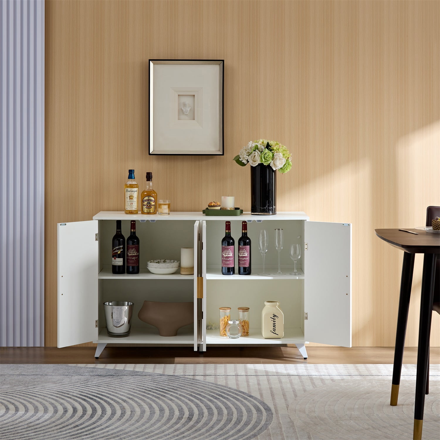 Hommoo Arch Texture Sideboard Buffet Cabinet with 4 Doors and Removable Shelves, Accent Cabinets Coffee Bar Cabinet, Modern Multifunctional Storage Cabinet for Home, Ivory White