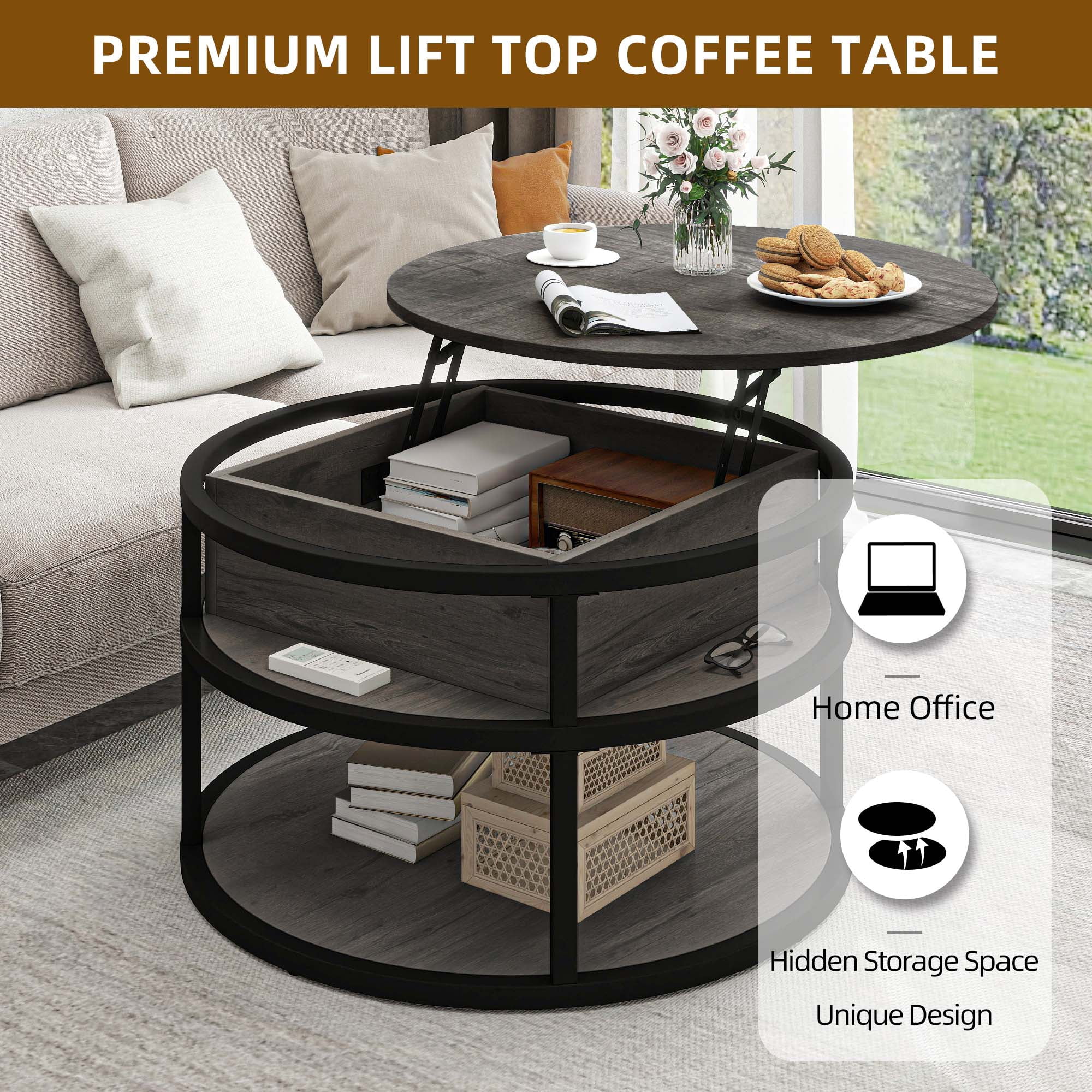 Uforic 3-Tier Lift Top Round Coffee Table with Hidden Storage, Gray