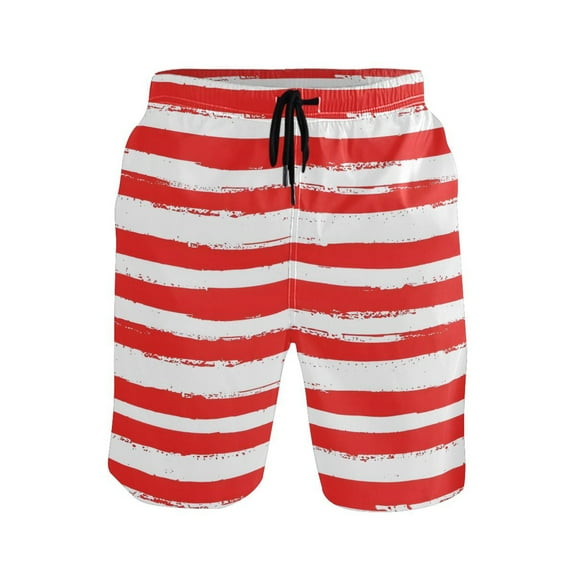 joogoo Men's Swim Trunks Red and White Stripes Beach Shorts with Pockets M