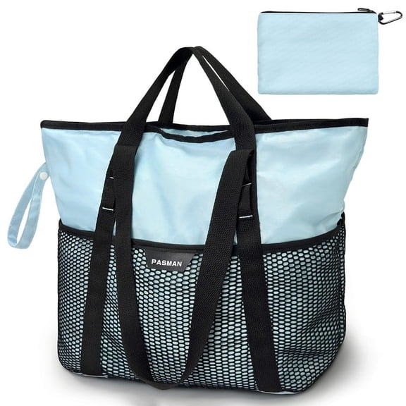 PASMAN Large Beach Bag with Zipper - 8 Pockets Sandproof Beach Tote Bag for Women,Foldable Lightweight Family Swim Bag Vacation