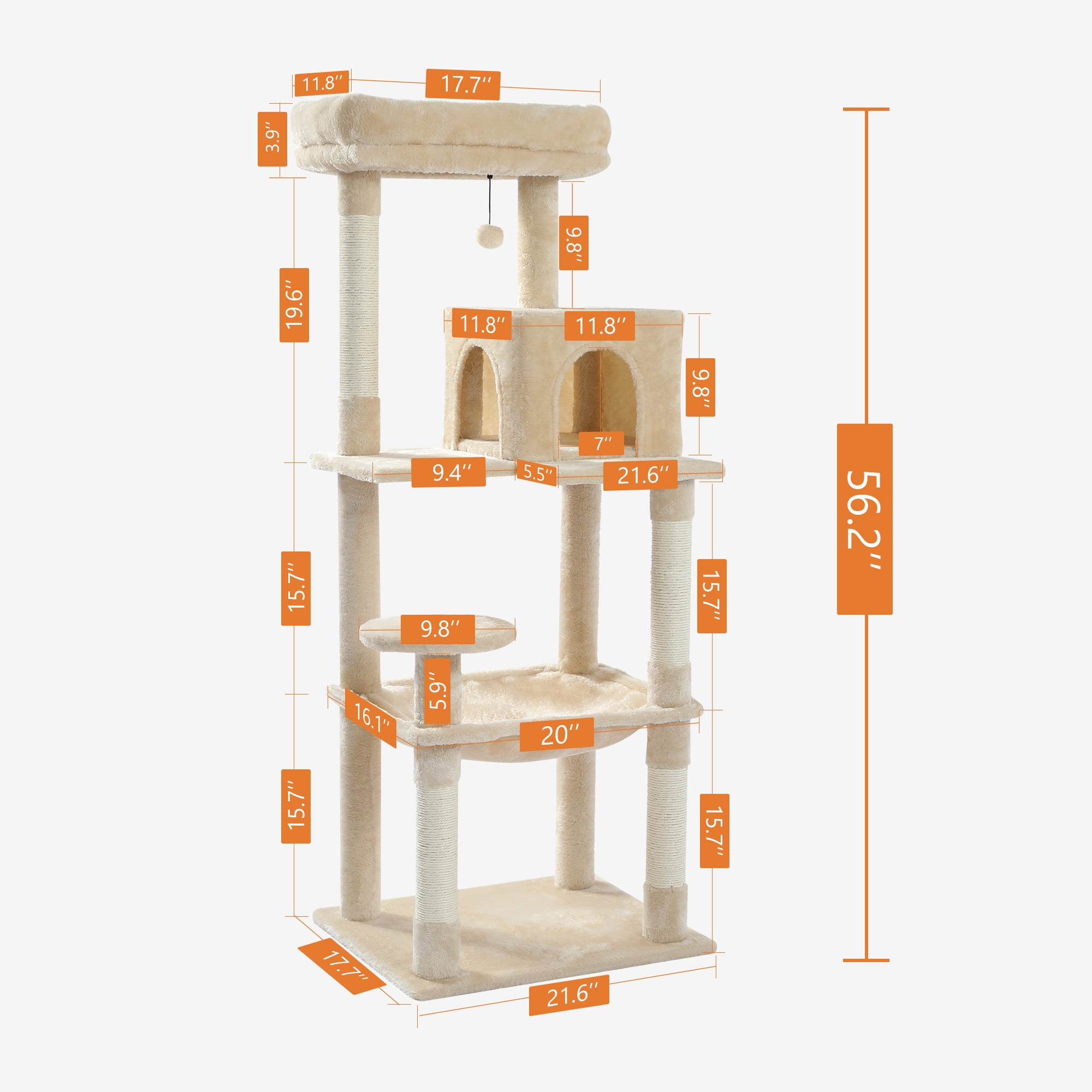 resenkos 56" Wood Cat Tree Tower for Large Cats, Cat Tree House for Indoor Cats with Cozy Cat Condo, Super Large Hammock and Plush Perches, Dark Gray