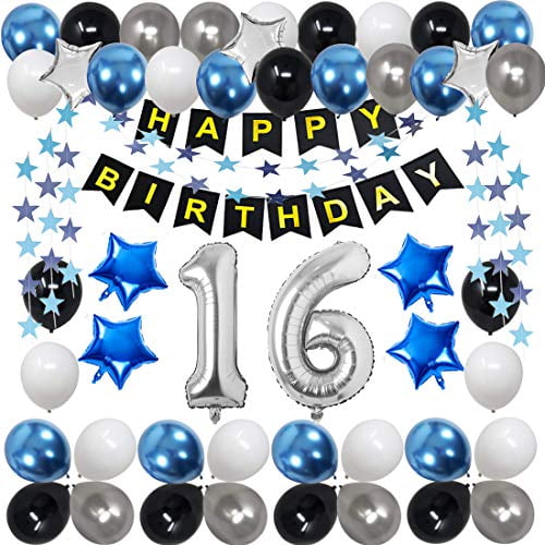 Blue And Silver 17th Birthday Party Decorations Set Silver Happy Birthday Banner Foil Number Balloons Latex Balloons And More For 17 Years Old Brithday Party Supplies Walmart Com