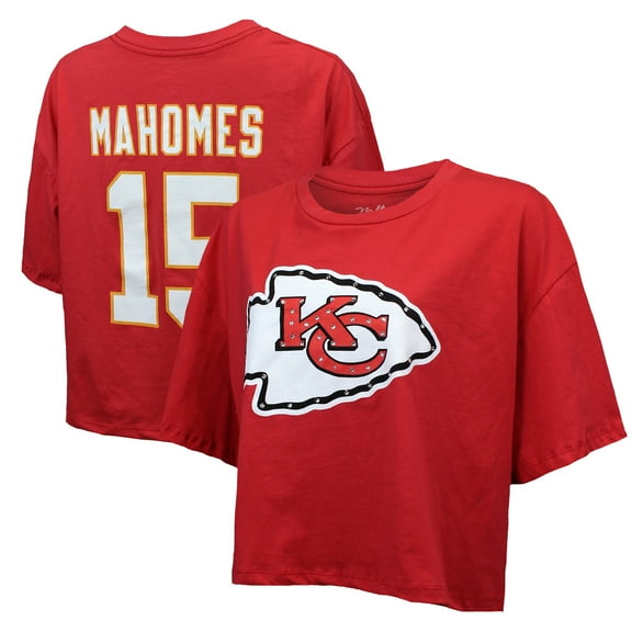 Women's Majestic Threads Patrick Mahomes Red Kansas City Chiefs Swarovski Crystals Boxy Cropped Name & Number T-Shirt