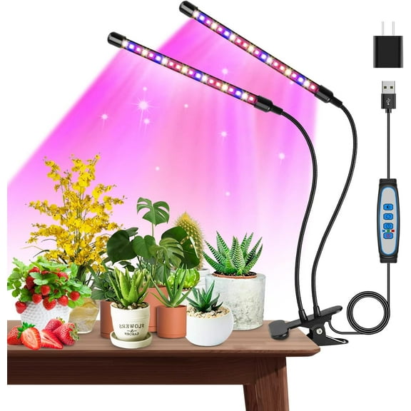 Grow Lights for Indoor Plants, Grow Light with Red Blue Full Spectrum, 2 Heads Clip 40 LEDs Plant Light for Indoor Plants, 3 Switch Modes & Auto ON/Off, 6 12 16H Timer, 5 Dimmable Levels