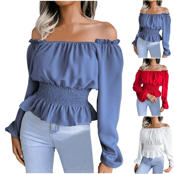 Sentmoon Womens Off Shoulder Blouse One Shoulder Short Sleeve Chiffon Tops Comfy Sexy Ruffle Plus Size Womens Tops Clothing 2025 Up to 40% Off