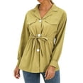 thumbnail image 3 of TWZH Women Solid Color Single-Breasted Lapel Collar Lace up Long Sleeve Blouse Tops, 3 of 6
