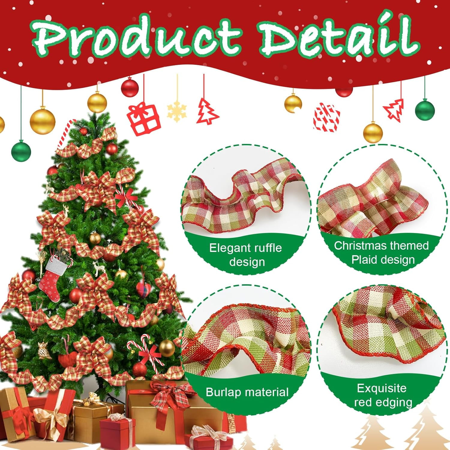 Dalrosia Christmas Tree Ribbon Garland Red and Green Polka Dot Ribbon Garland for Christmas Tree Burlap Ruffled Wired Ribbon Xmas Tree Garland Vintage Rustic Farmhouse Home Deco