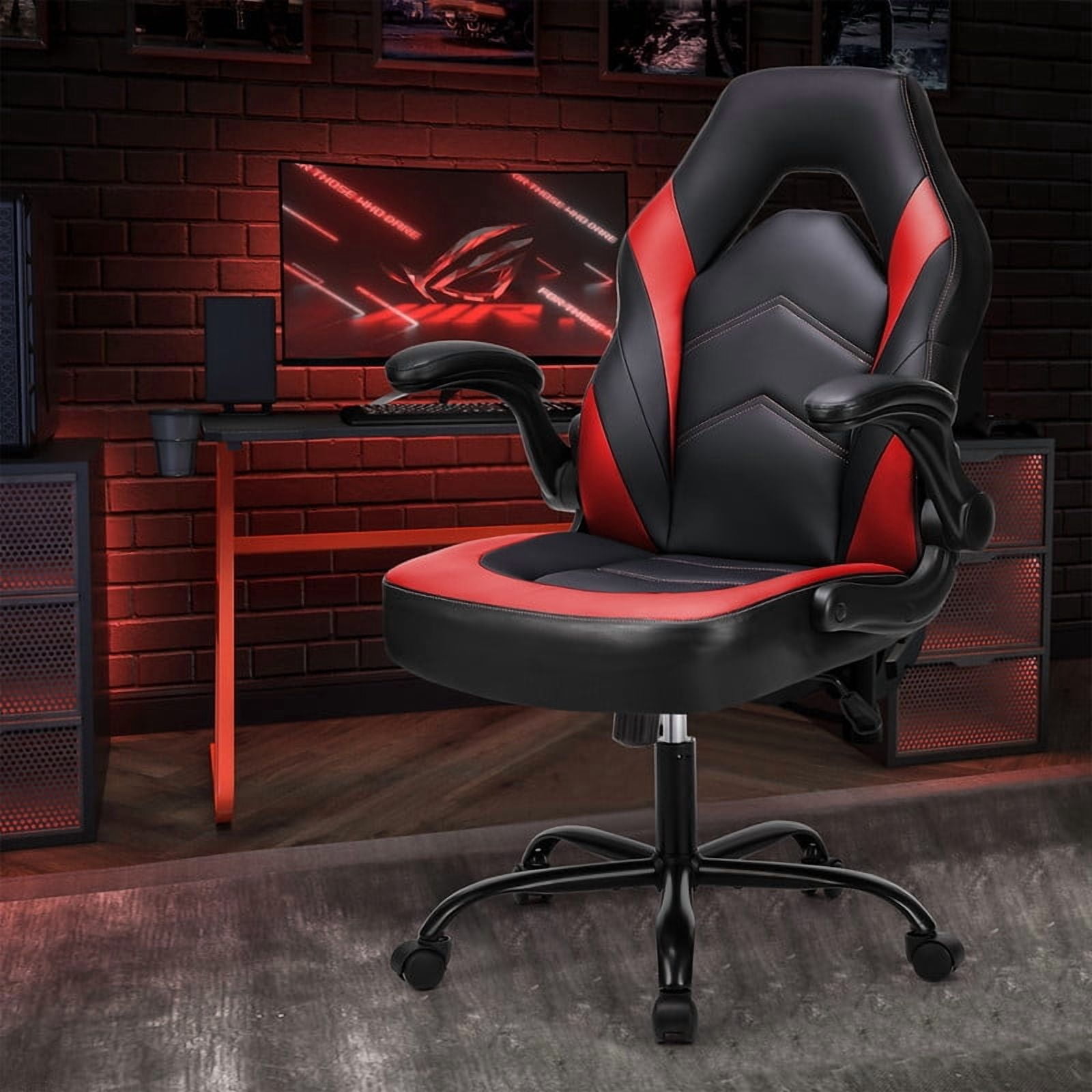 Gianna Ergonomic Computer Gaming Chair with Flip-up Armrest, Height Adjustable PU Leather Home Office Desk Chair with Lumbar Support Swivel Wheels and for Adults，Black Red