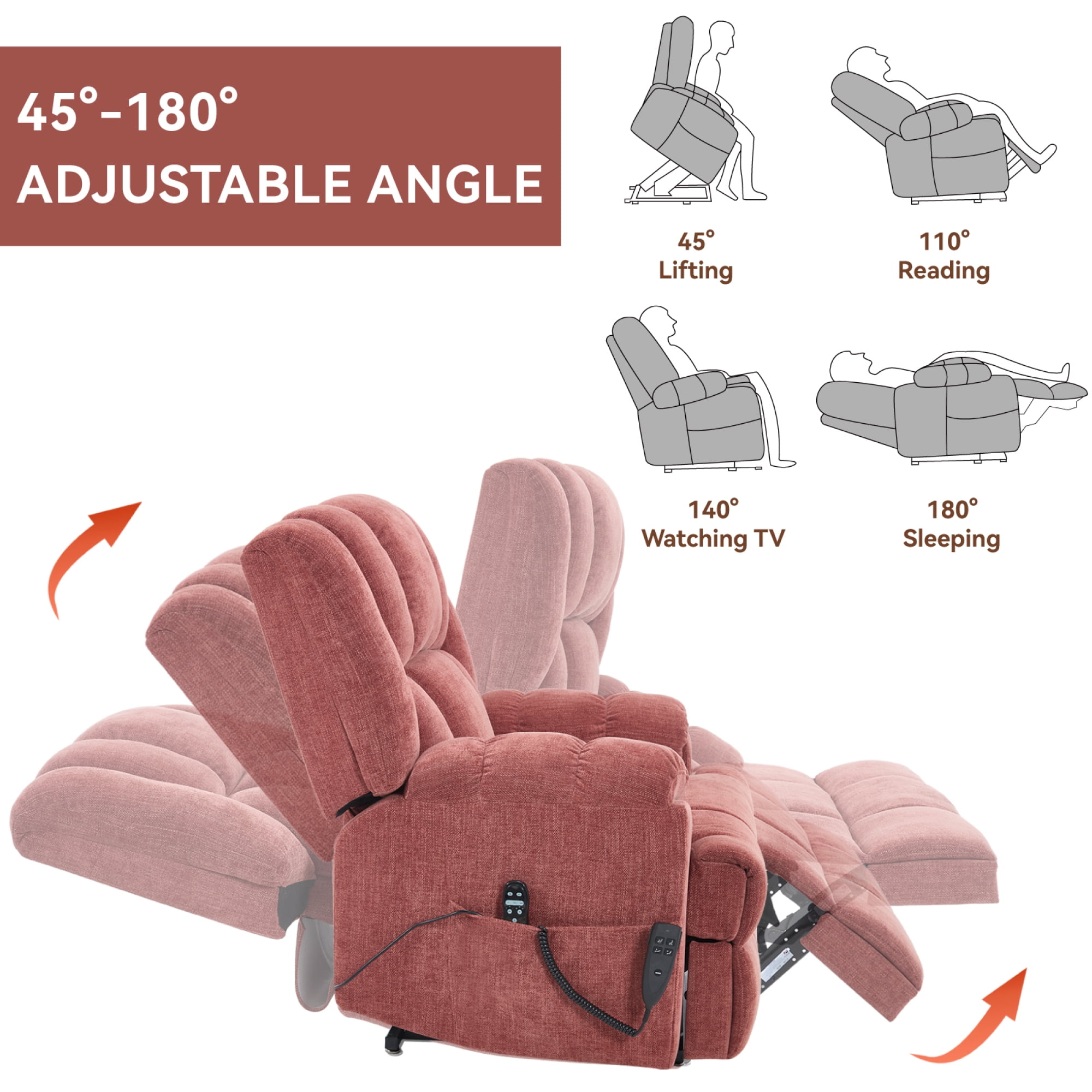 Leumius Large Power Lift Recliner Chair for Elderly,Heavy Duty Dual Motor Chenille Electric Recliners Chair with Massage and Heat for Living Room,Red