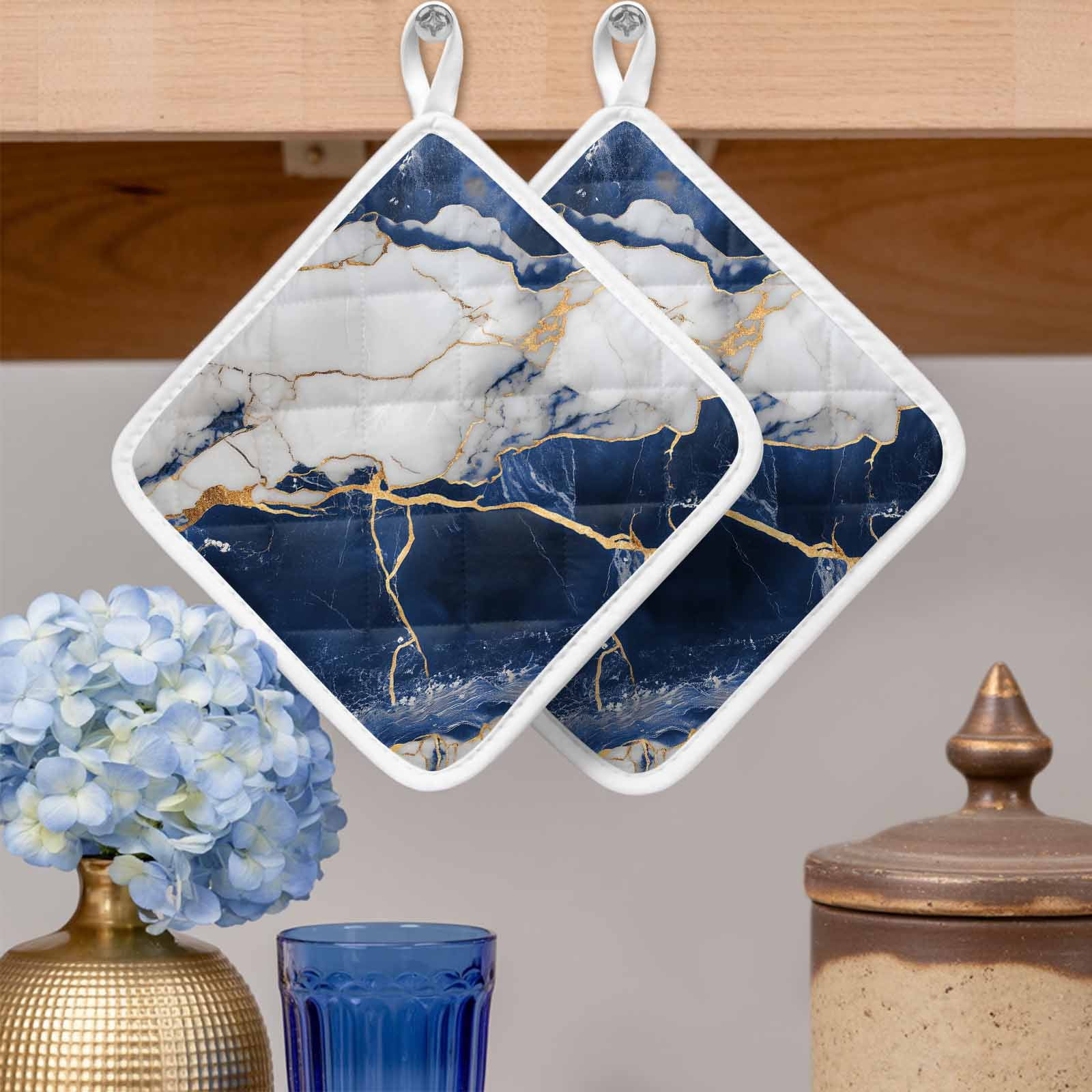 Marble Navy Blue Pot Holders for Kitchen Heatproof Potholder, 3 Pack Abstract Gold White Brick Stone Motif Hot Pads Multipurpose Oven Pads Cloth Potholders Trivet for Cooking Baking
