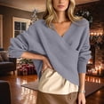 thumbnail image 2 of SHENGXINY Women Cross V Neck Off Shoulder Knitted Sweaters Long Sleeve Oversized Jumper Casual Fashion Top for Fall Winter Gray M, 2 of 6