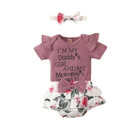 

Frobukio Infant Baby Girls 3Pcs Outfits Short Sleeve Letter Embroidery Romper + Floralm Print Shorts + Headband Sets Purple 3-6 Months