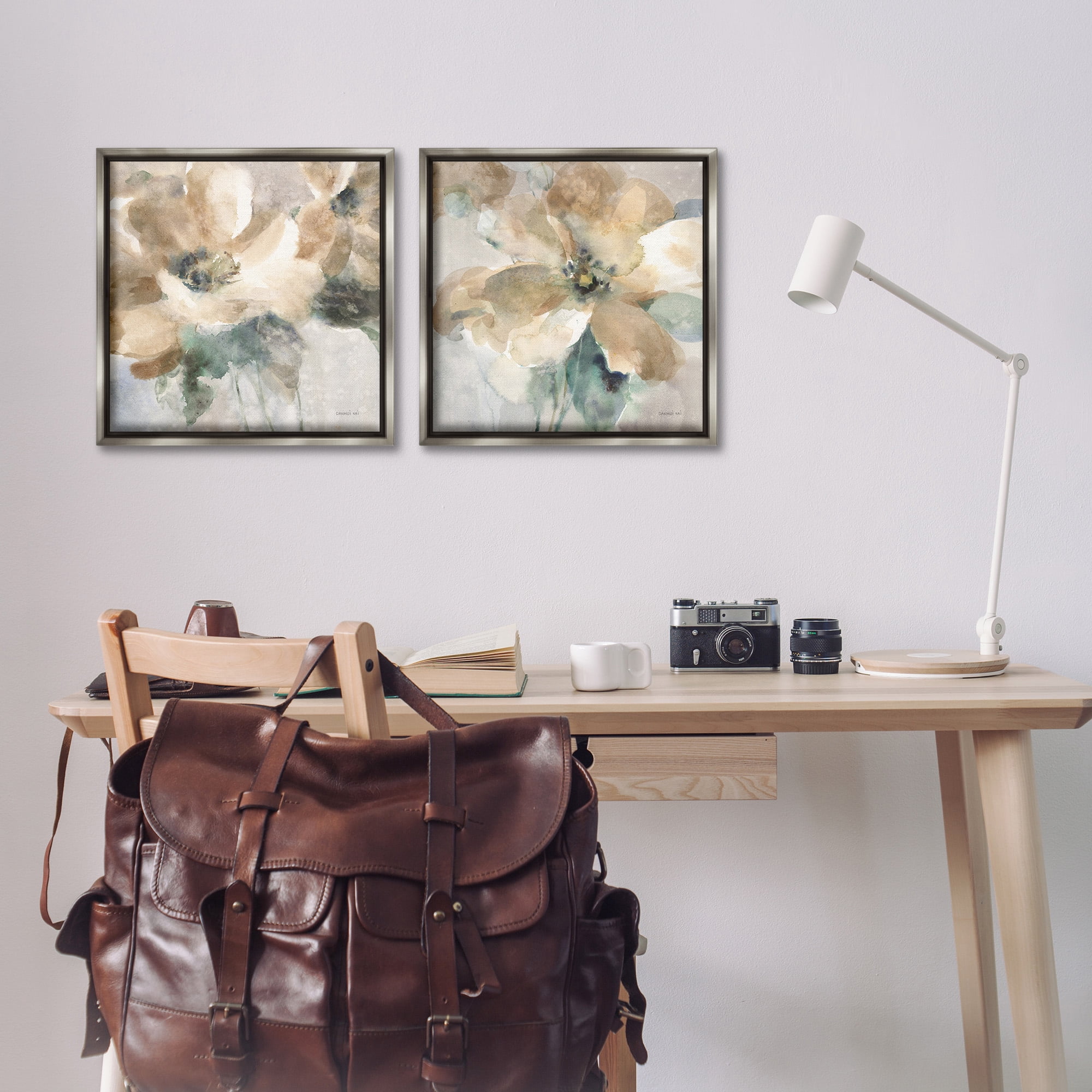 Stupell Industries Abstract Beige Flowers Botanical & Floral Painting Gray Floater Framed Canvas Art Print Wall Art, 18 x 18, Set of 2