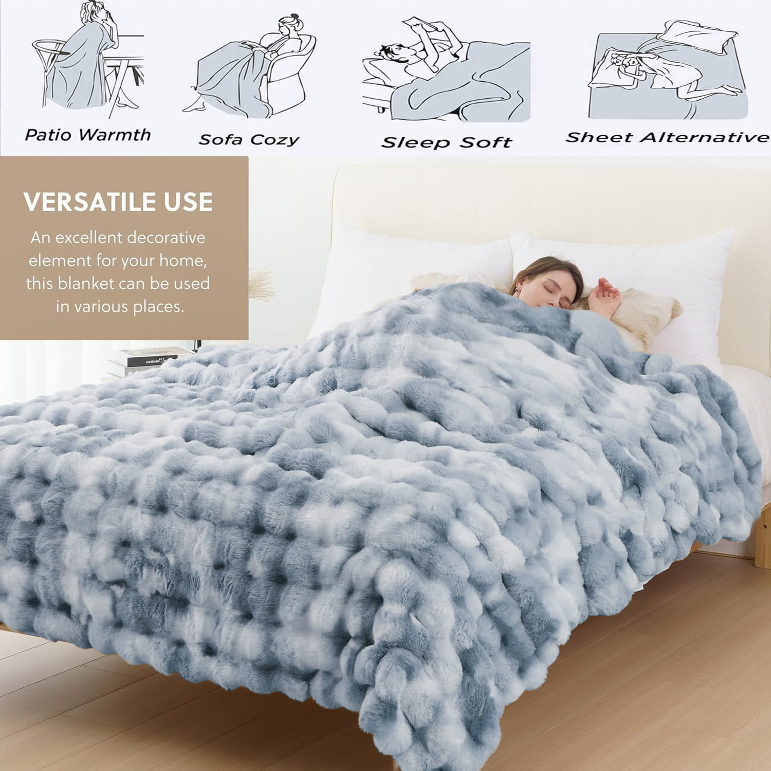 GHOUSE Fuzzy Faux Fur Throw Blanket Soft Fuffy Queen Size Large Blanket for Couch Bed Sofa 60 x 80 Inches Tie-dyed Blue