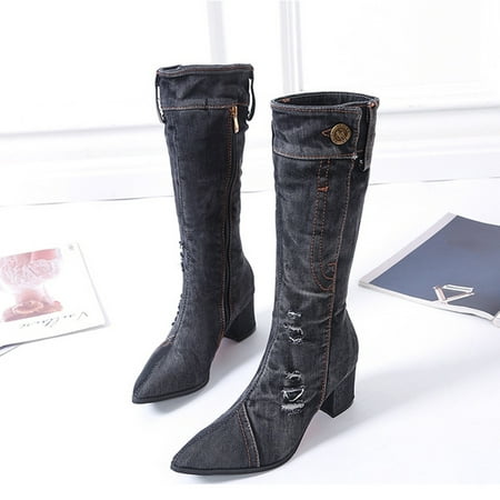 

symoid Womens Boots- Shoes Fashion Buttons Denim Pointed Tip Mid-heeled Thick Heel High Boots Black 39