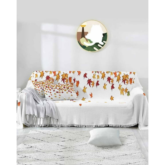 Orange Red Fall Leaves Sofa Covers for 3 Cushion,Washable Couch Cover for Sectional Sofa Slipcovers with Tassel,Thanksgiving Autumn Seasonal Loveseat Covers Futon Cover Throw Blanket 71''x118''