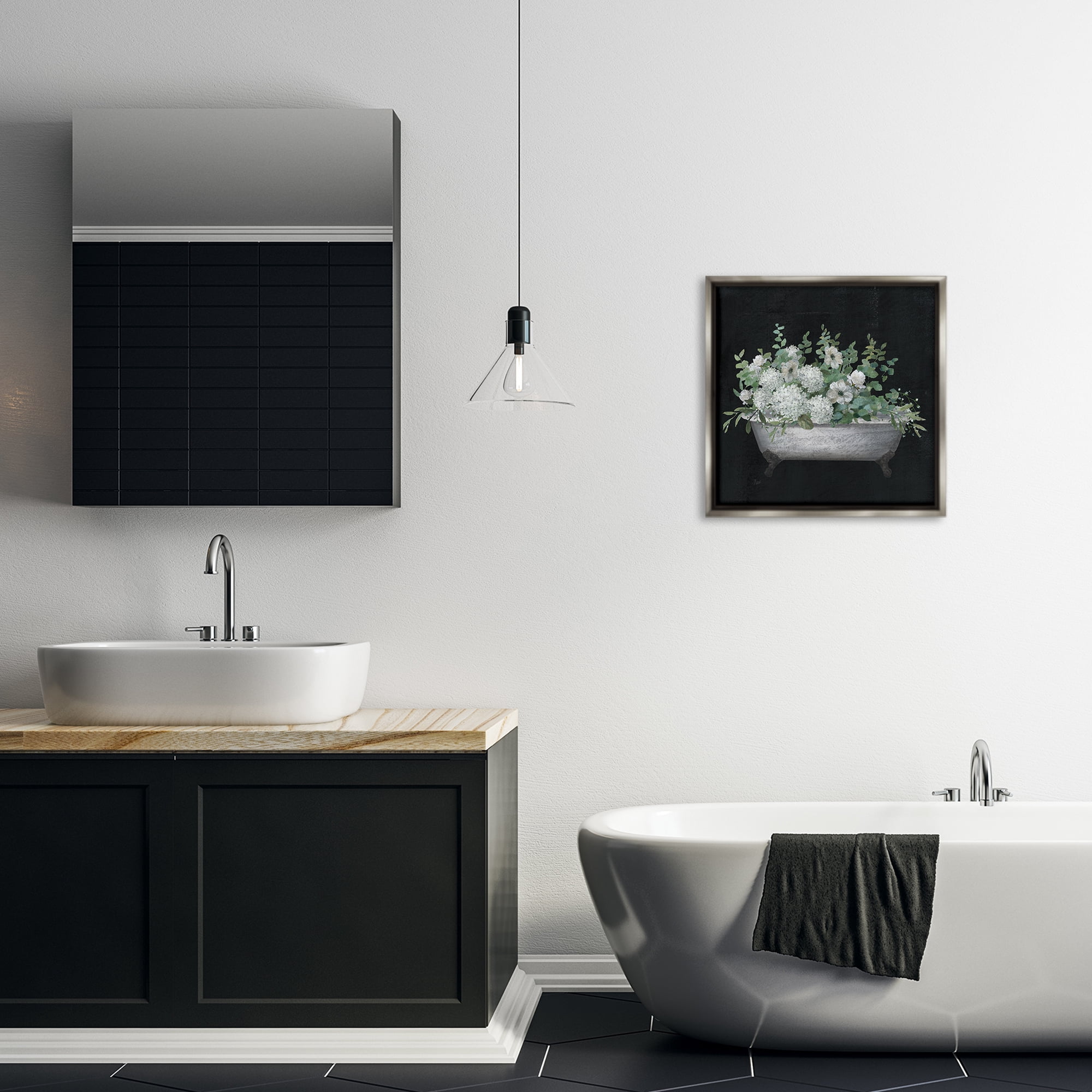 Stupell Industries Floral Bath on Black Typography Painting Gray Floater Framed Canvas Art Print Wall Art, 18 x 18