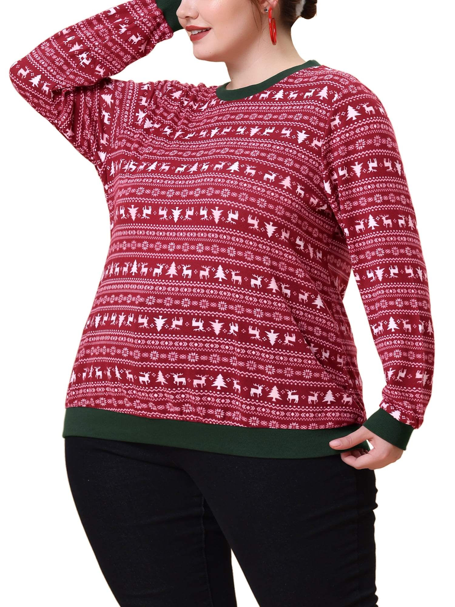 Unique Bargains Women's Plus Size Knit Top Round Neck Long Sleeve Female Xmas Blouses Red 2X