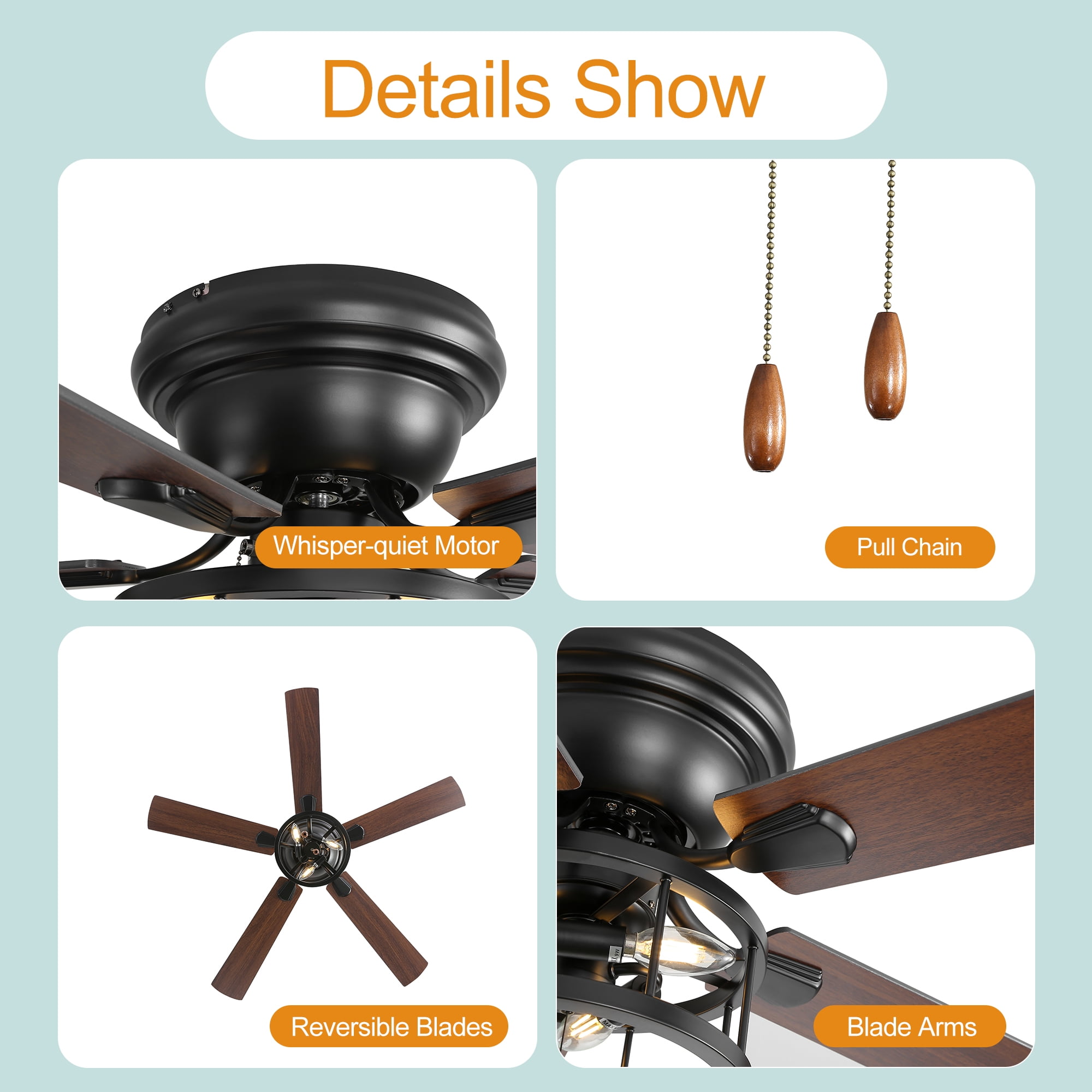 ALKAFY 52-inch Traditional Flush Mount Ceiling Fan with Light, Pull Chain and Classic Plywood Blades for Bedroom, Living Room, Kitchen
