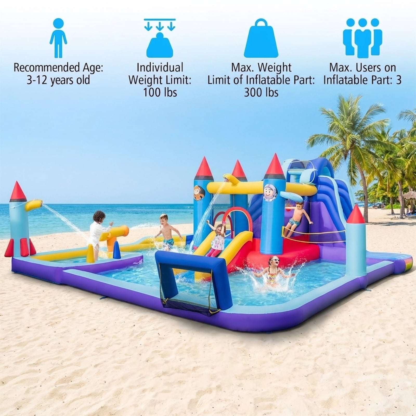 Redsmile Rocket Theme Inflatable Water Slide Park - Multicolor - Kids Birthday Party - Backyard Fun - Summer Play