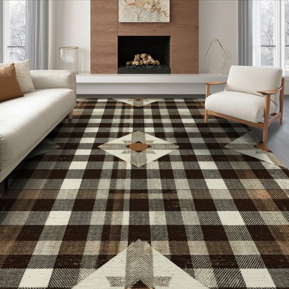ODIKA 8'x10' Washable Area Rug Durable, Non-Slip Throw Retro Large Faded Ornamental Details Couch Checkered Door for Living Room, Under Sectional, Family