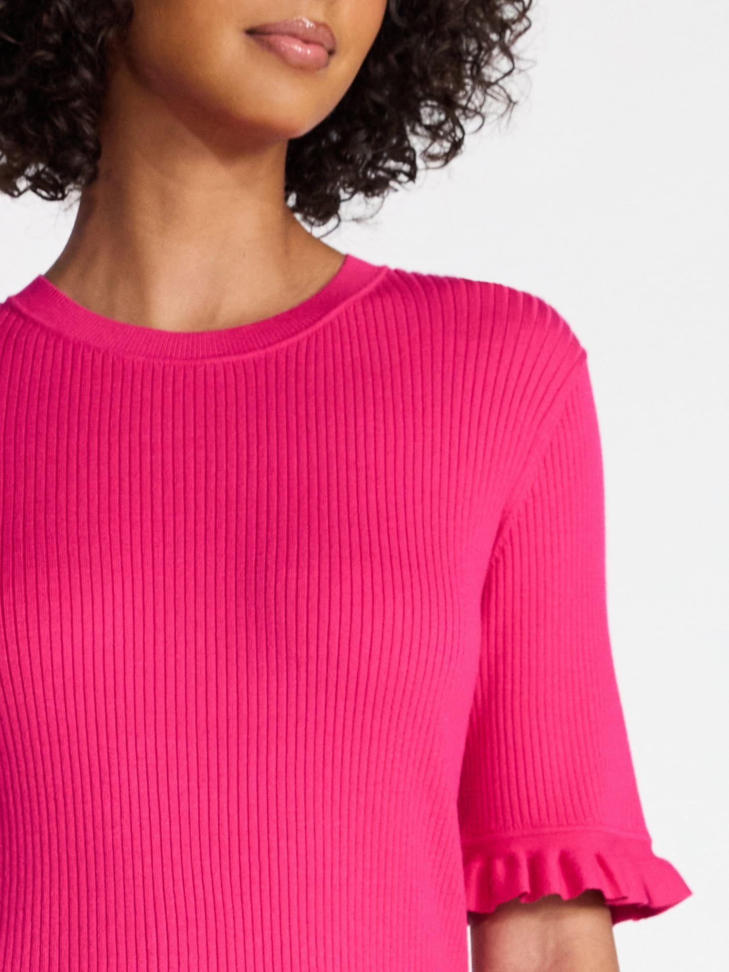 Time and Tru Women's Ribbed Sweater with Flounce Sleeves, Midweight, Sizes XS-XXXL