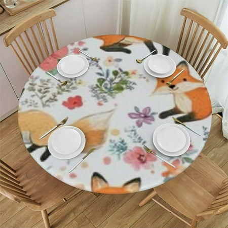 

Autua Foxes Trees Flowers Round Tablecloth with Elastic Edge Stain-Resistant and Washable Ideal for Indoor and Outdoor Use 100% Polyester Table Cloth - Various Sizes 54 -58