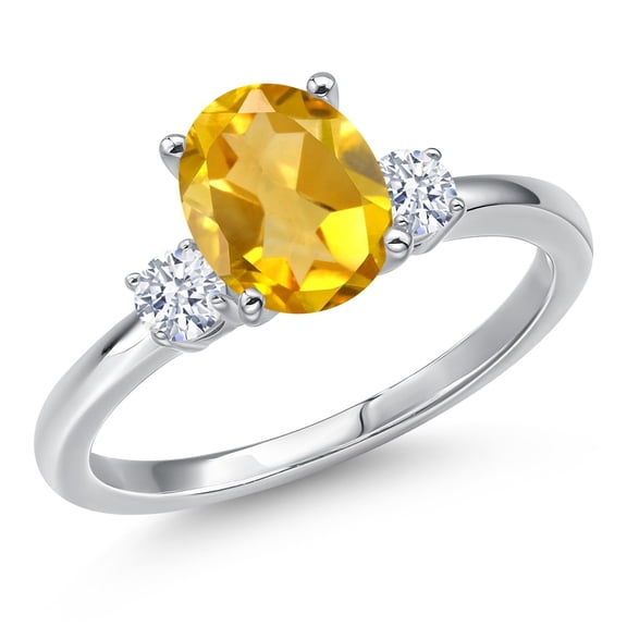 Gem Stone King 14K White Gold Yellow Citrine and White Zirconia Engagement Ring for Women | 1.72 Cttw | Oval 9X7MM | Gemstone November Birthstone | Size 8