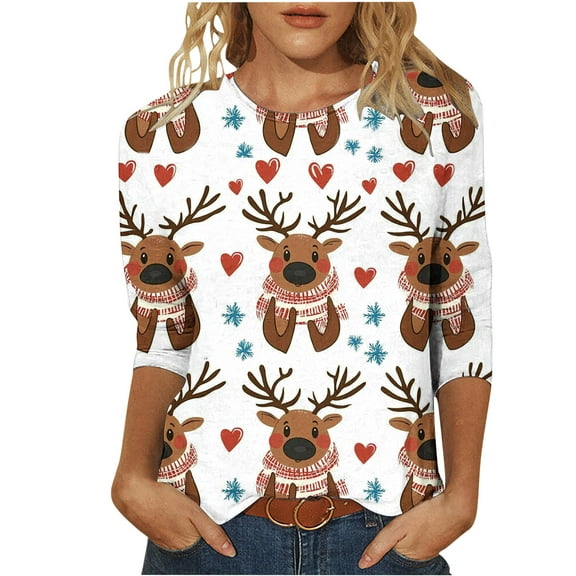 Weiqiqre Fall Outfits for Women 3/4 Length Sleeve Crew Neck Blouses Dressy Casual Summer T Shirts Loose Fit Chirstmas Clothes