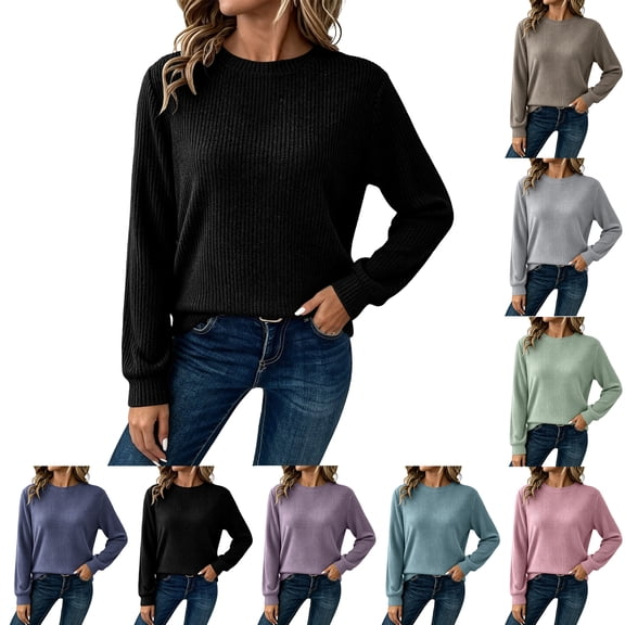 Crew Neck Tops for Women, Soft Stretch Long Sleeve Solid Color Casual Slim Pullover Tops Basic Shirts for Everyday Loungewear