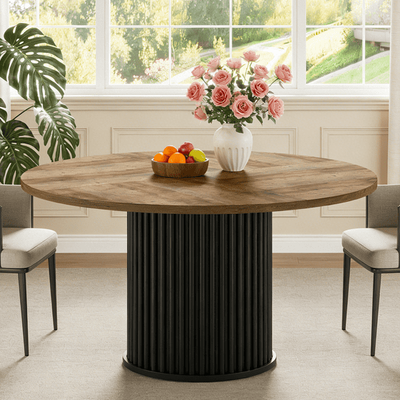 Fnova 47.24" Round Dining Table, Wood Coffee Table for 4 People, Modern Farmhouse Kitchen Table for Dining Room, Brown (Chairs Not Included)