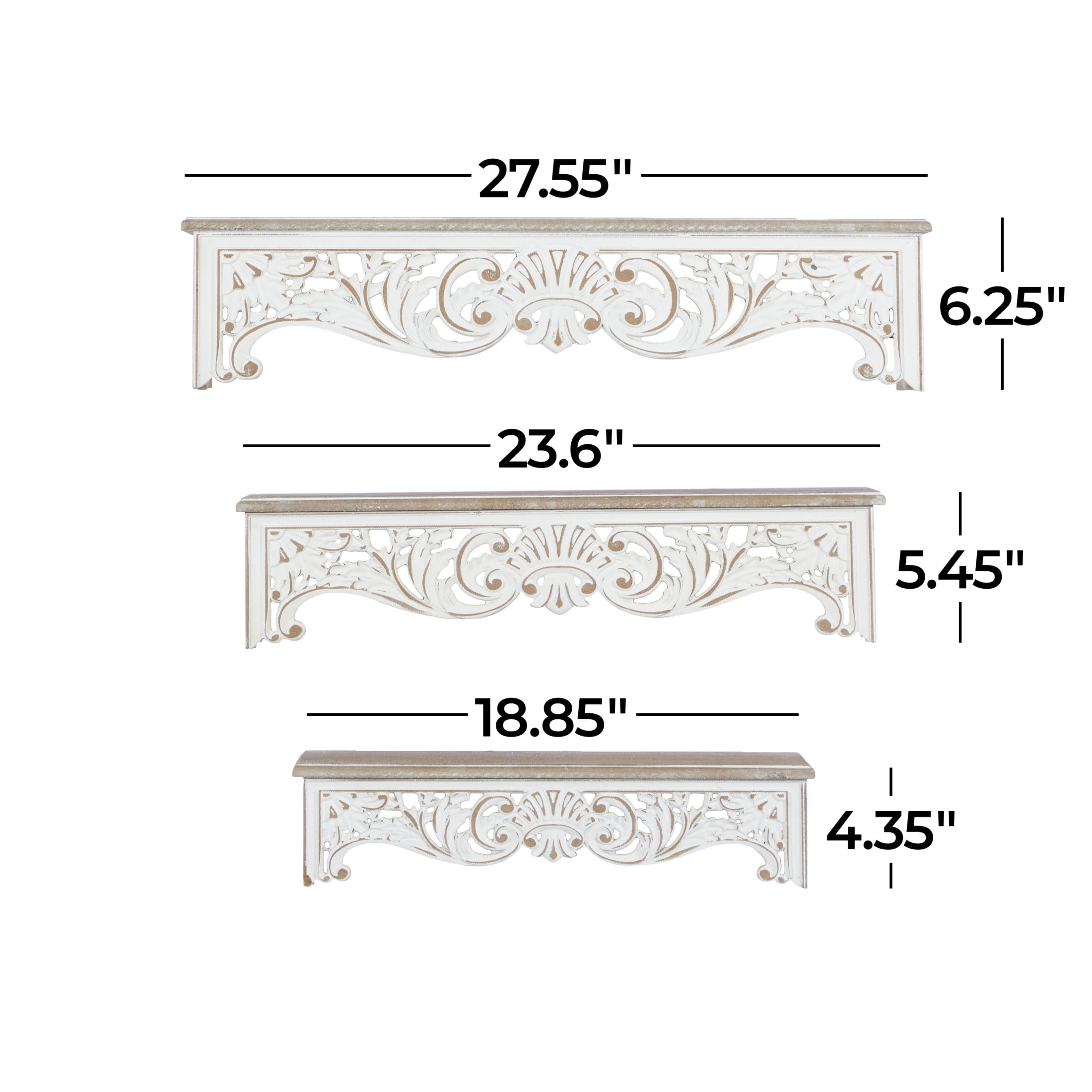 DecMode 19", 24", 28"W Carved 3-Tier Cream Scroll Wall Shelf (3 Count)