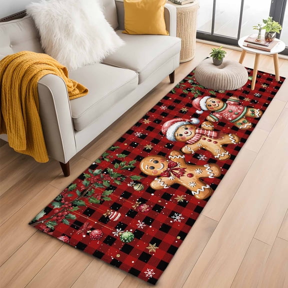 Gingerbread Christmas 2'x6' Runner Rugs for Hallway Kitchen Bedside Non Slip, Xmas Balls Branches Red Buffalo Plaid Entryway Rug Runners with Rubber Backing, Long Carpet Runner for Laundry Room