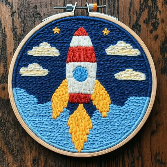 DIY Punch Needle Kits for Beginners Rocket Fly to Sky with Hoop Embroidery Punch Needle Starter Craft Set Easy for Adults and Children Festival Gift and Decoration 20x20cm-1